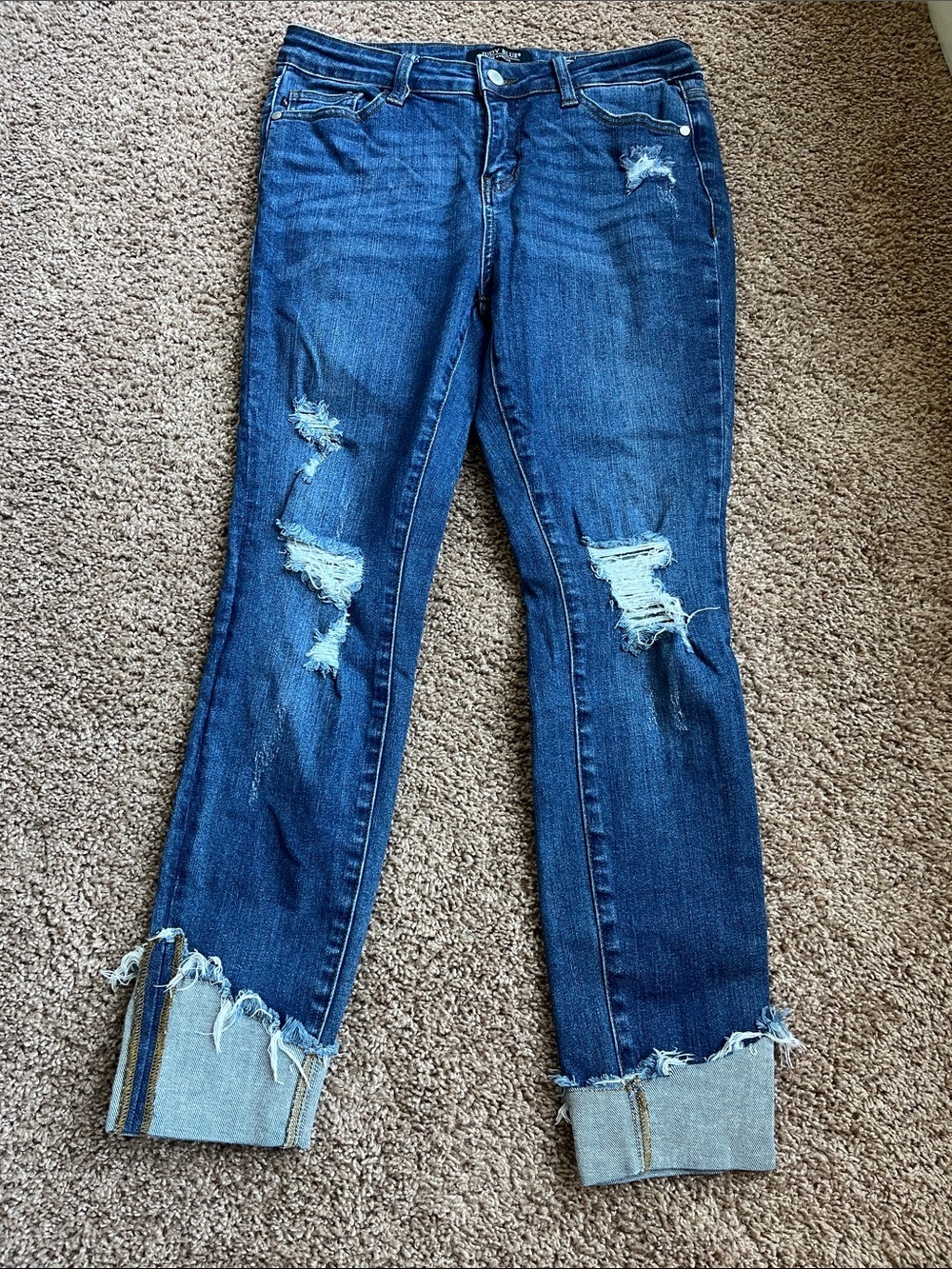Judy Blue Dark Blue Distressed Boyfriend Jeans with Roll Cuff Size 9/29